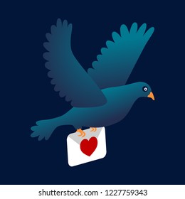 Dove carrying love letter in envelope with heart - flat vector illustration