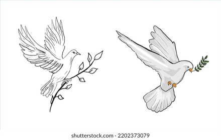 A dove carrying an olive branch. exemplar of peace. World peace. Hand drawing vector illustration