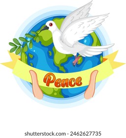 Dove carrying olive branch over stylized Earth