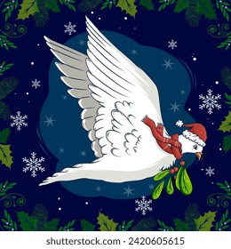 Dove character with mistletoe and Santa hat
Christmas illustration with dove and winter frame