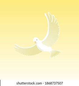 Dove with christian cross symbol. Crucifix. Easter. Sign of purity. Faith. Baptism. Holy Spirit. Evangelization. Resurrection. Banner. Blue background with bright rays