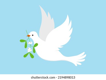 Dove with christmas mistletoe branch isolated on white background. Pigeon flying joy bird with mistletoe in the beak. Flat design cartoon style vector illustration.