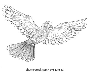 Livro de colorir pomba para ilustração vetorial adultos. Coloração anti-stress para adultos. Estilo Zentangle. Linhas pretas e brancas. Padrão de renda