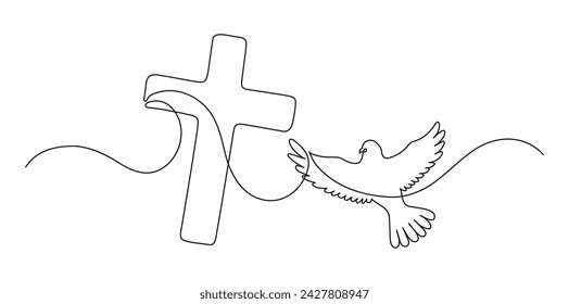 Сross and dove. Continuous line drawing. Christianity religion concept. Vector illustration.