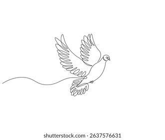 Dove continuous line. Continuous one line drawing of flying pigeon. Animal, bird, peace concept. Single line drawing