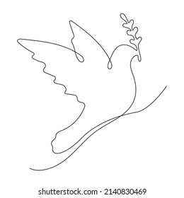 Dove continuous one line drawing. Flying linear bird with branch. Freedom concept. Symbol of peace in doodle style. Vector isolated on white.