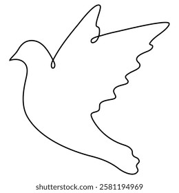 Dove continuous one line drawing. Flying linear bird. Vector isolated on white.