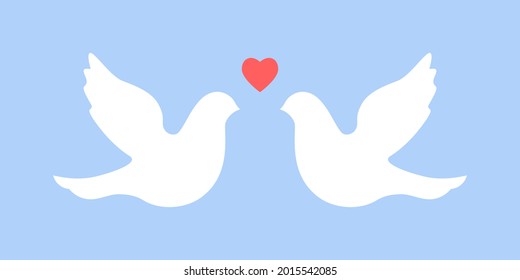 Dove couple in love with heat. Wedding concept. Vector illustration of love scene.