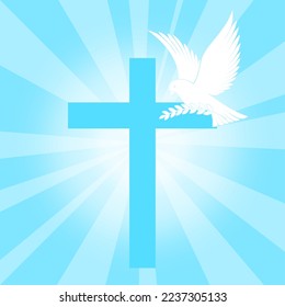 dove + cross icon on blue sunlight background -  vector