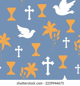 Dove, cross and lily flower silhouettes on blue background. Christian symbol seamless pattern. For textile, wrapping paper, packaging.