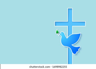 Dove and cross symbol as religion and christianity concept. Vector illustration in paper cut art with copy-space.