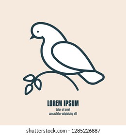 Dove decorative element. Abstract pigeon holding an olive branch. Symbol of peace and health care. Line style bird for concept design. Vector illustration.