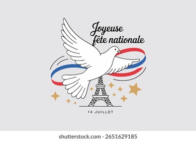 Silhueta da Pomba e Torre Eiffel com fita fluente para o dia nacional francês 14 de julho Crachá de celebração da Bastilha