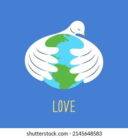 The dove embraces the planet Earth with its wings. World Peace Day greeting card. Hand drawn modern isolated Vector illustration.