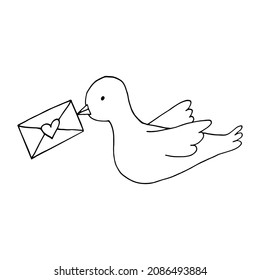 dove with envelope with heart hand drawn doodle. vector, scandinavian, nordic, minimalism. icon, sticker. letter, love, message, bird.