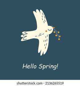 A dove flies with a twig in its beak. Spring symbol.