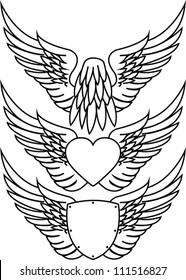 Dove in flight, heart with wings and shield with wings