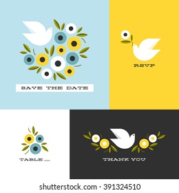 Dove and floral wreath of anemones. Flat style vector design elements