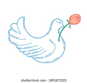 A dove with a flower on a white background. Vector illustration.