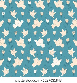 Dove and flowers seamless pattern. Flying pigeon with florals continuous background. Surface pattern design birds motif. Vector hand drawn flat illustration.