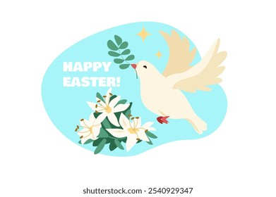 A dove flying with a branch and surrounded by flowers on a light blue background. Happy Easter text is prominently displayed. Vector illustration