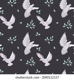 Dove flying and branch from a tree seamless vector pattern. Dove of peace. Dark background.