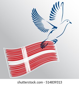 Dove flying with a flag of Denmark. Dove Of Peace. Vector illustration.