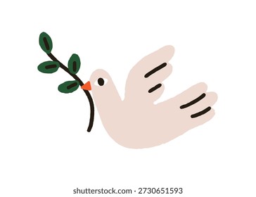 Pomba voando, segurando ramo de folha no bico. Ave pacífica carregando galho, paz, amor, liberdade e símbolo de esperança. Pombo com rã de planta. Ilustração de vetor plano isolada no plano de fundo branco