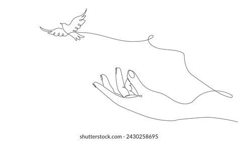 A dove flying into the sky from an outstretched hand. The concept of friendship, peace, help, support. Hand drawing one solid line. Vector.
