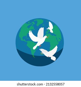 dove flying with laurel in its mouth over the world in light blue background