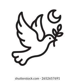 Dove flying with olive branch and crescent moon bird