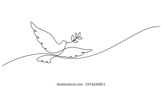 dove flying with olive branch one line drawing continuous vector