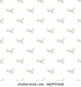 Dove flying with olive branch pattern seamless repeat in cartoon style vector illustration