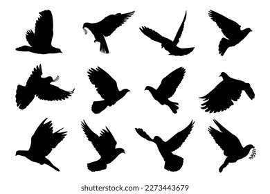 Dove flying with olive branch twig silhouette vector pigeon peace and easter symbol collection.