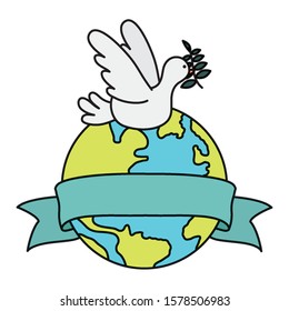 dove flying with olive branch and world planet vector illustration design