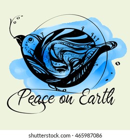 Dove flying with olive twig in its beak. Peace on earth. Bird doodle - vector