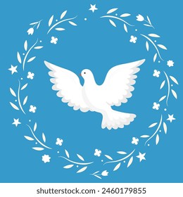 A dove flying on a blue background in a floral wreath.Symbol of peace and the holy spirit.Religious vector illustration