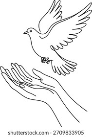Dove flying from open hands line art bird