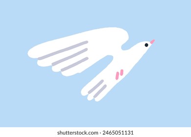 Dove flying. Peaceful bird soaring in sky, spreading wings in air. Peace and freedom concept. Calm serene white pigeon gliding. Tranquil flight. Flat vector illustration isolated on white background