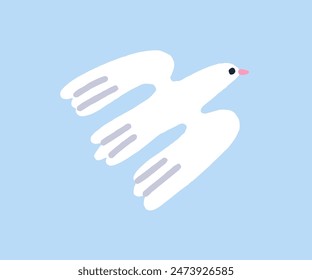 Dove flying in sky, peace and hope symbol. Peaceful tranquil free bird spreading wings. White feathered pigeon flies. Flight, gliding in air, soaring in heaven. Flat graphic vector illustration