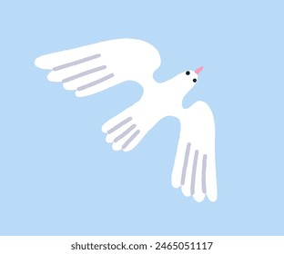 Dove flying in sky. Peaceful free bird spreading wings. Peace, freedom symbol. Calm pigeon in flight, gliding through air, soaring in heaven. Flat vector illustration isolated on white background