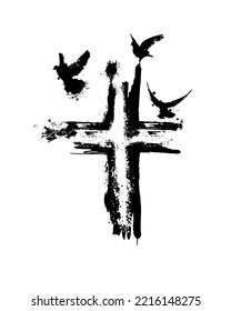 Dove flying with a Symbol of Religion. Cross. Dove Of Peace. No war. Freedom to Ukraine . Vector illustration.