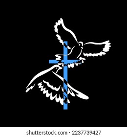 Dove flying with a Symbol of Religion. Cross on a black background. Dove Of Peace. No war. Freedom to Ukraine . Vector illustration.