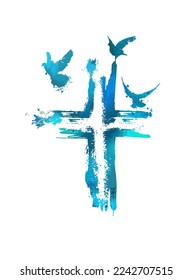 Dove flying with a Symbol of Religion. Cross. Dove Of Peace. No war. Freedom to Ukraine . Happy easter. Vector illustration.