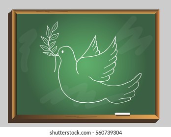 a dove flying with a twig in its beak on a chalkboard background. Vector illustration.