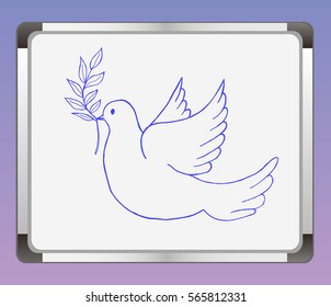 a dove flying with a twig in its beak on a flip chart background. Vector illustration.