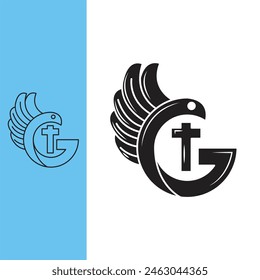 a dove forms the letter G with a cross in the middle, Line art style and silhouette stylish.