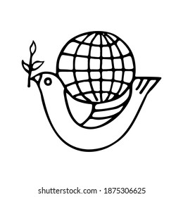 Dove with a globe on wings. Pigeon has an olive branch. Hand drawn illustration that gives hope for a bright future. Peace, Freedom symbols. 