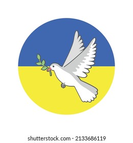 Dove with a green branch on Ukrainian flag background. Peace. Vector illustration