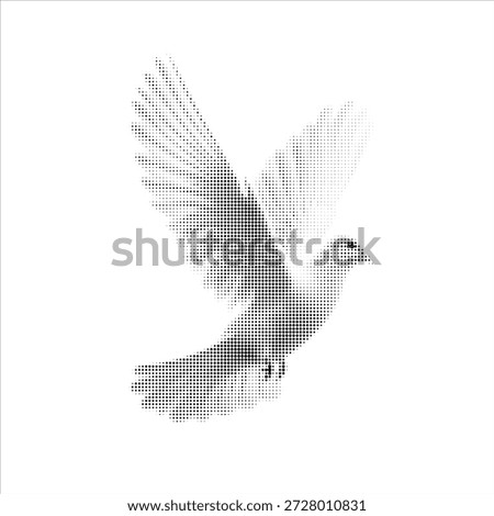 Dove in halftone style, black and white graphic illustration, vintage print effect, dot pattern shading, high contrast, minimalism, retro poster look, clean background, detailed silhouette, artistic vector style